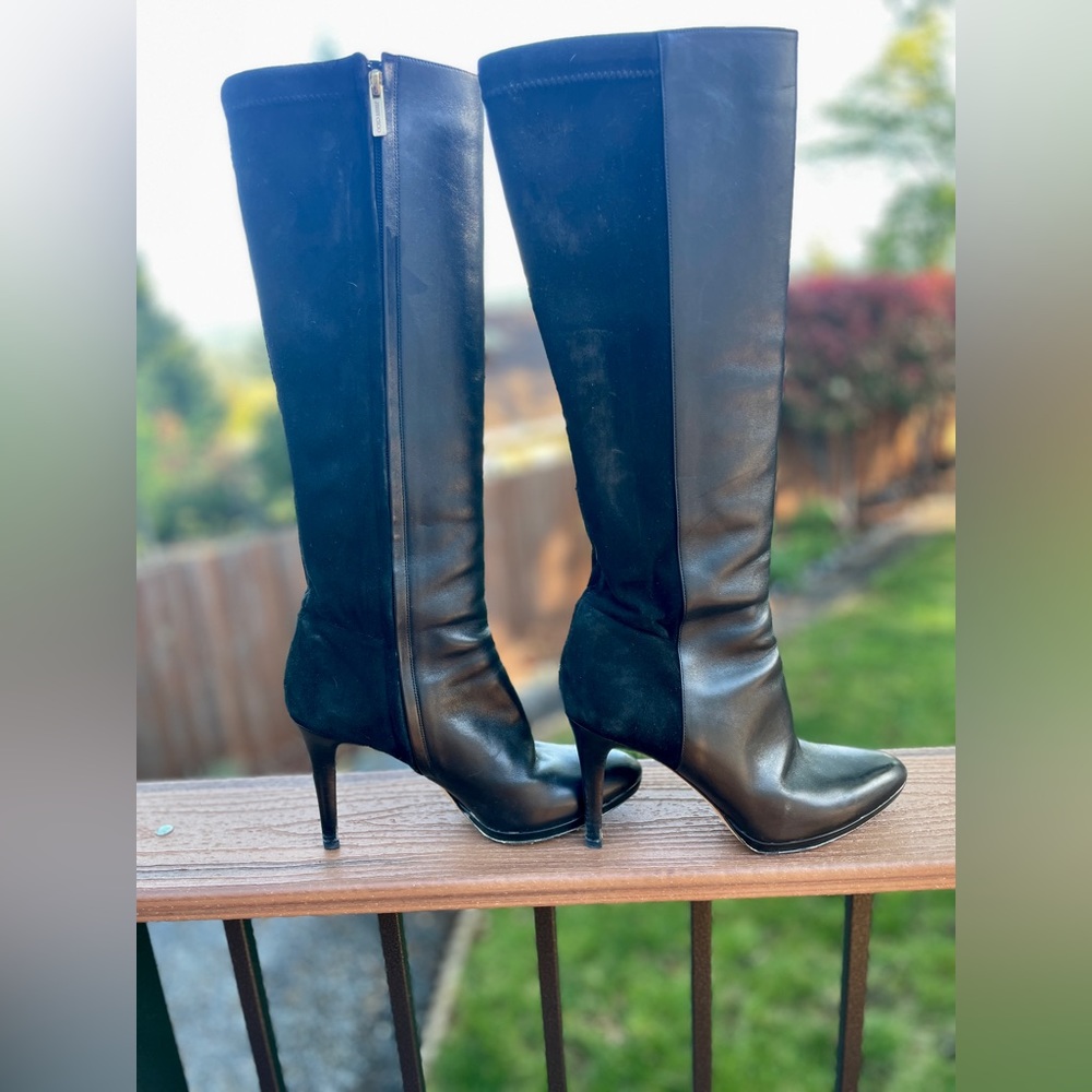 Jimmy Choo Black Divided Leather & Suede Knee-High Boots Zippers Size 39